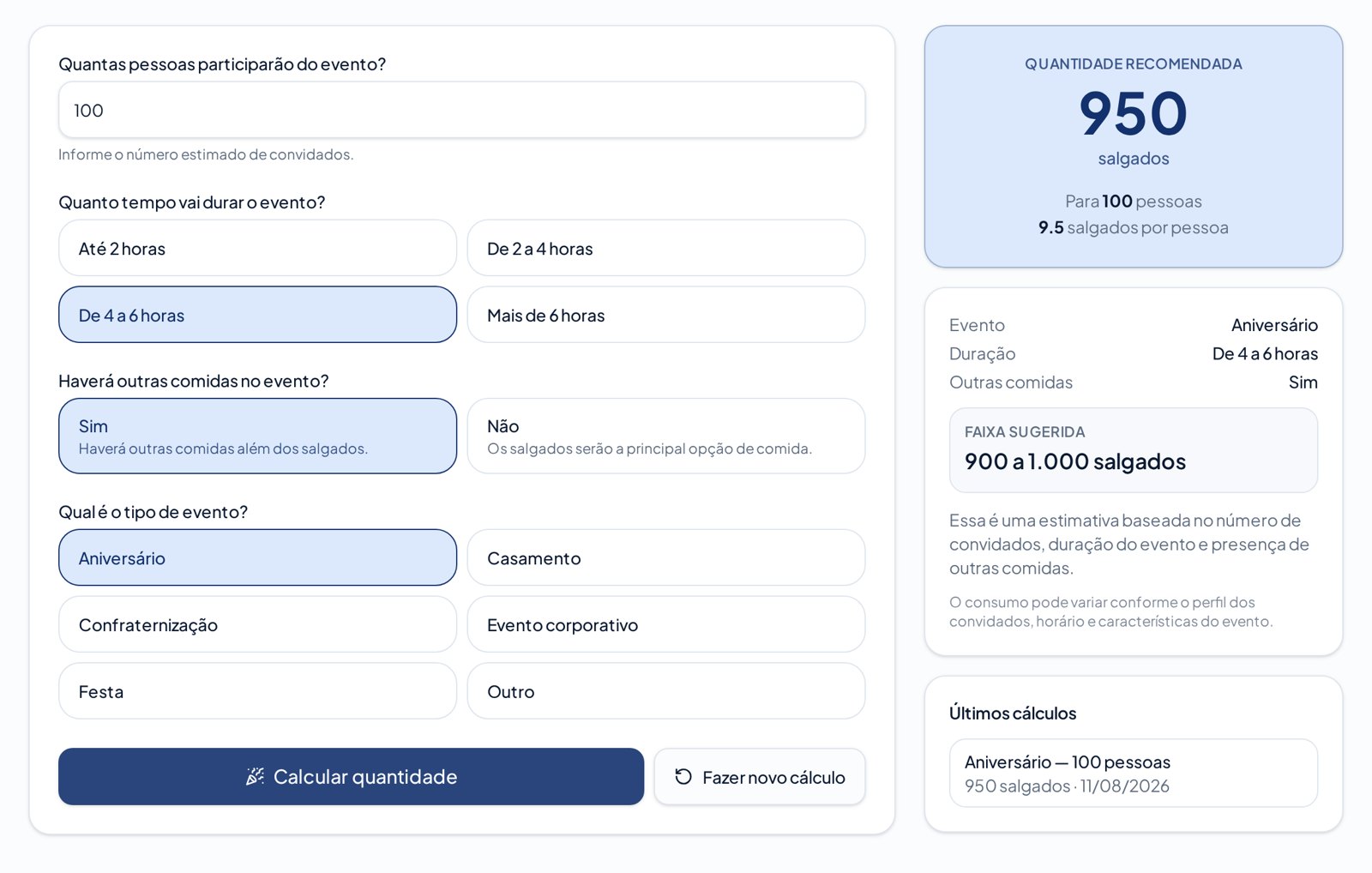 Tela real da Calculadora de Salgados do Lucro UP mostrando a quantidade recomendada