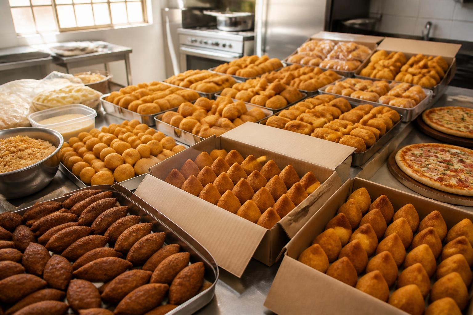 Bancada de produção cheia de salgados, caixas de coxinhas e pizzas prontas para venda