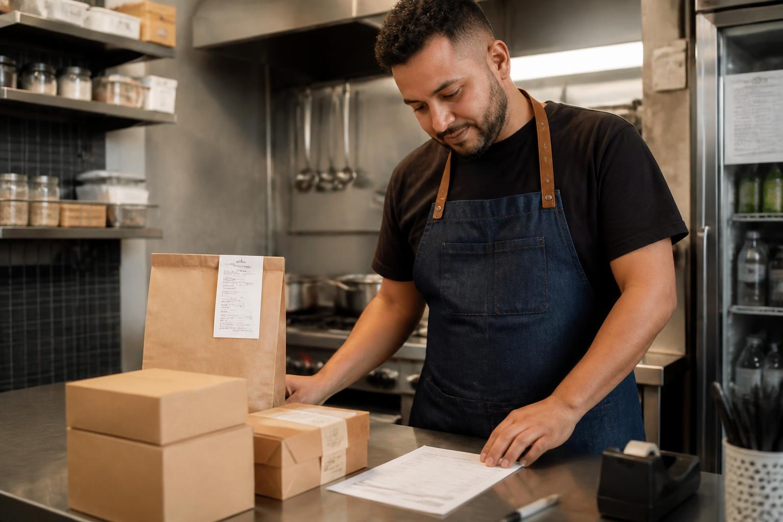 Pequeno empresário brasileiro separando pedidos com a via impressa na cozinha