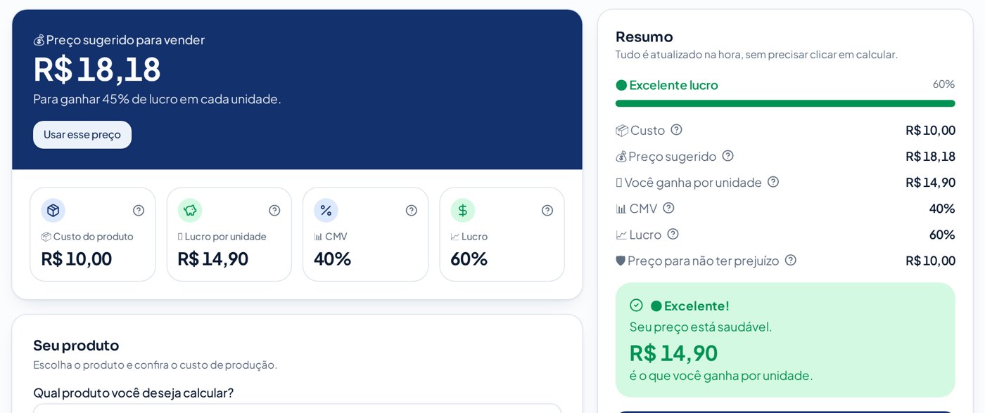 Tela de precificação do Lucro UP com preço sugerido, custo, lucro por unidade e CMV
